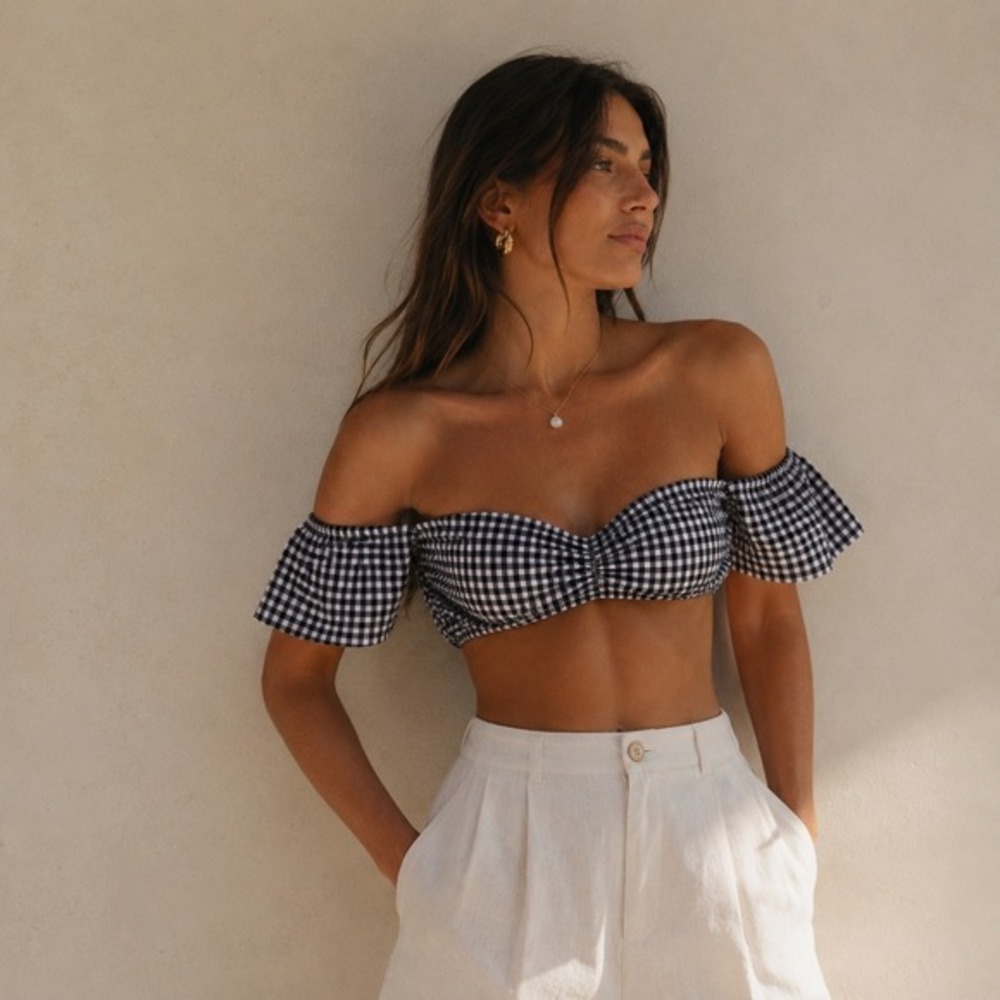 Reformation Off Shoulder Gingham Bikini Swim Top Sz S Black Check
